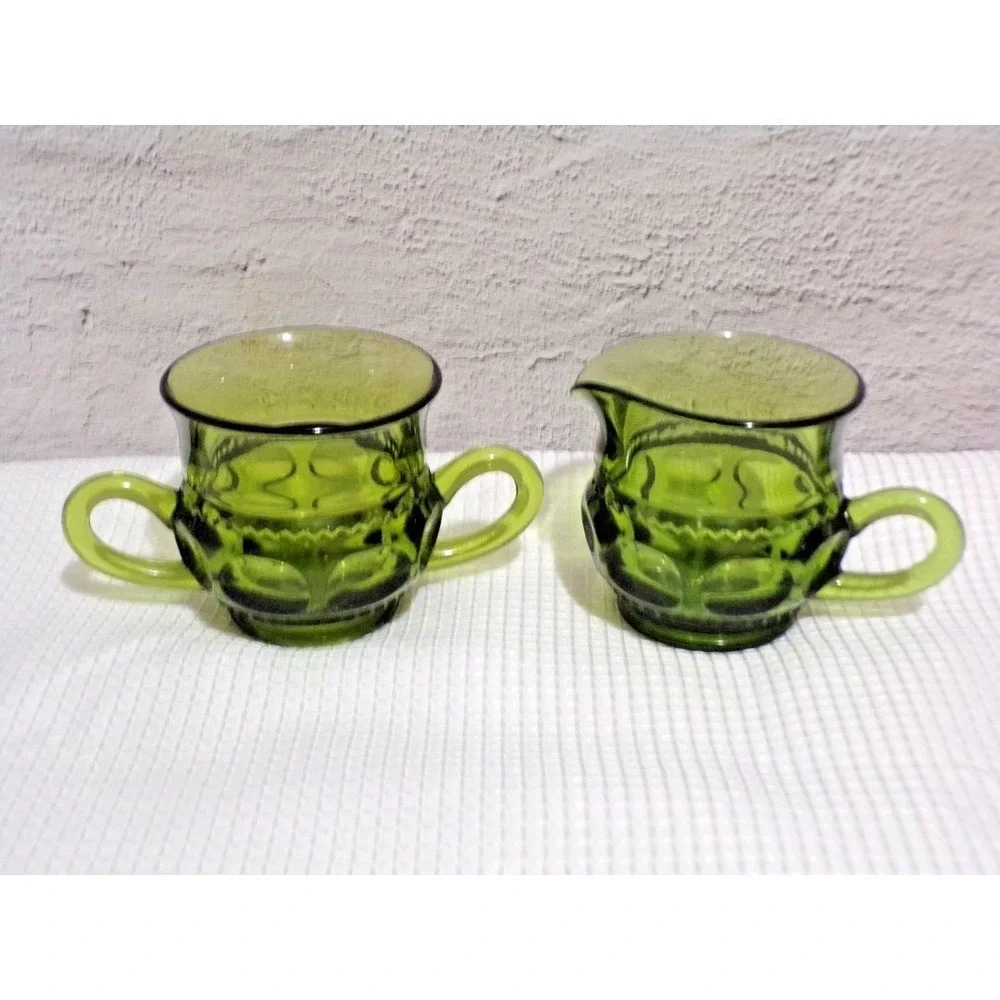 Vintage King's Crown Avocado Green Dimple Creamer, Sugar and Butter Dish
